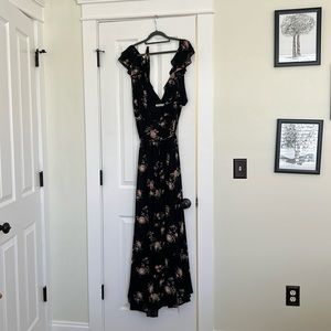 Reformation long black dress with pink roses, perfect condition.